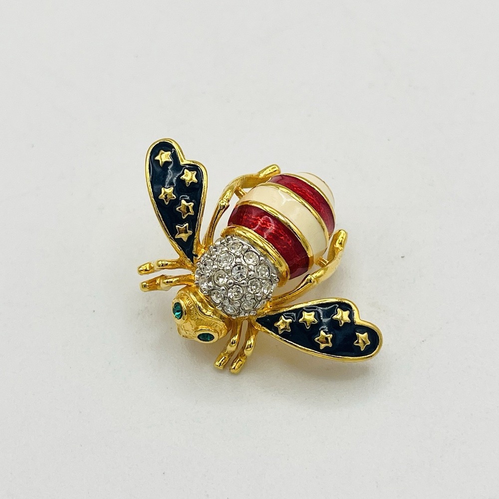 Joan Rivers American Flag Bee Pin Brooch Crystal 4th July Patriotic USA Gold - Picture 3 of 7